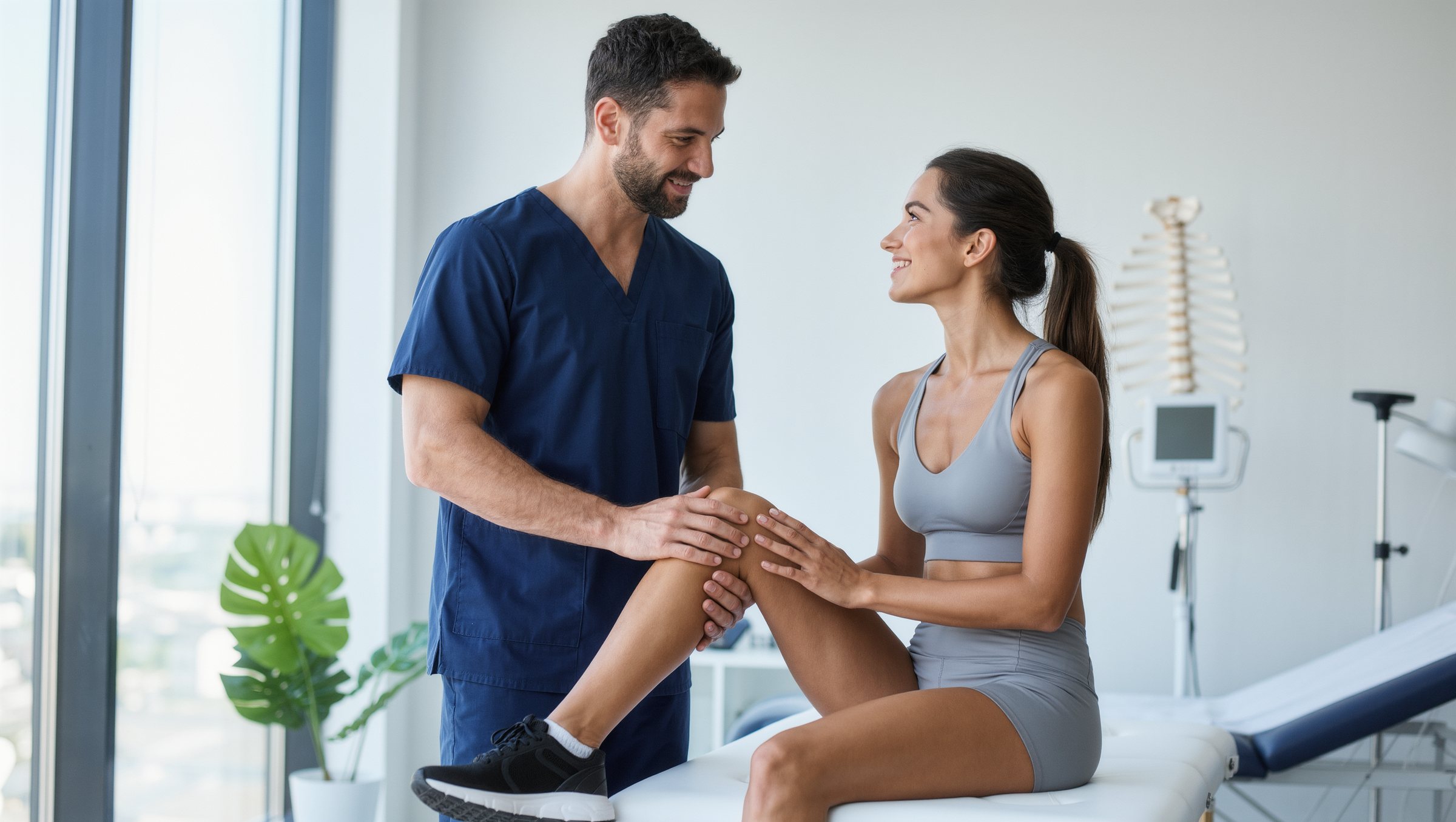 Sports medicine physician examining an athlete's knee